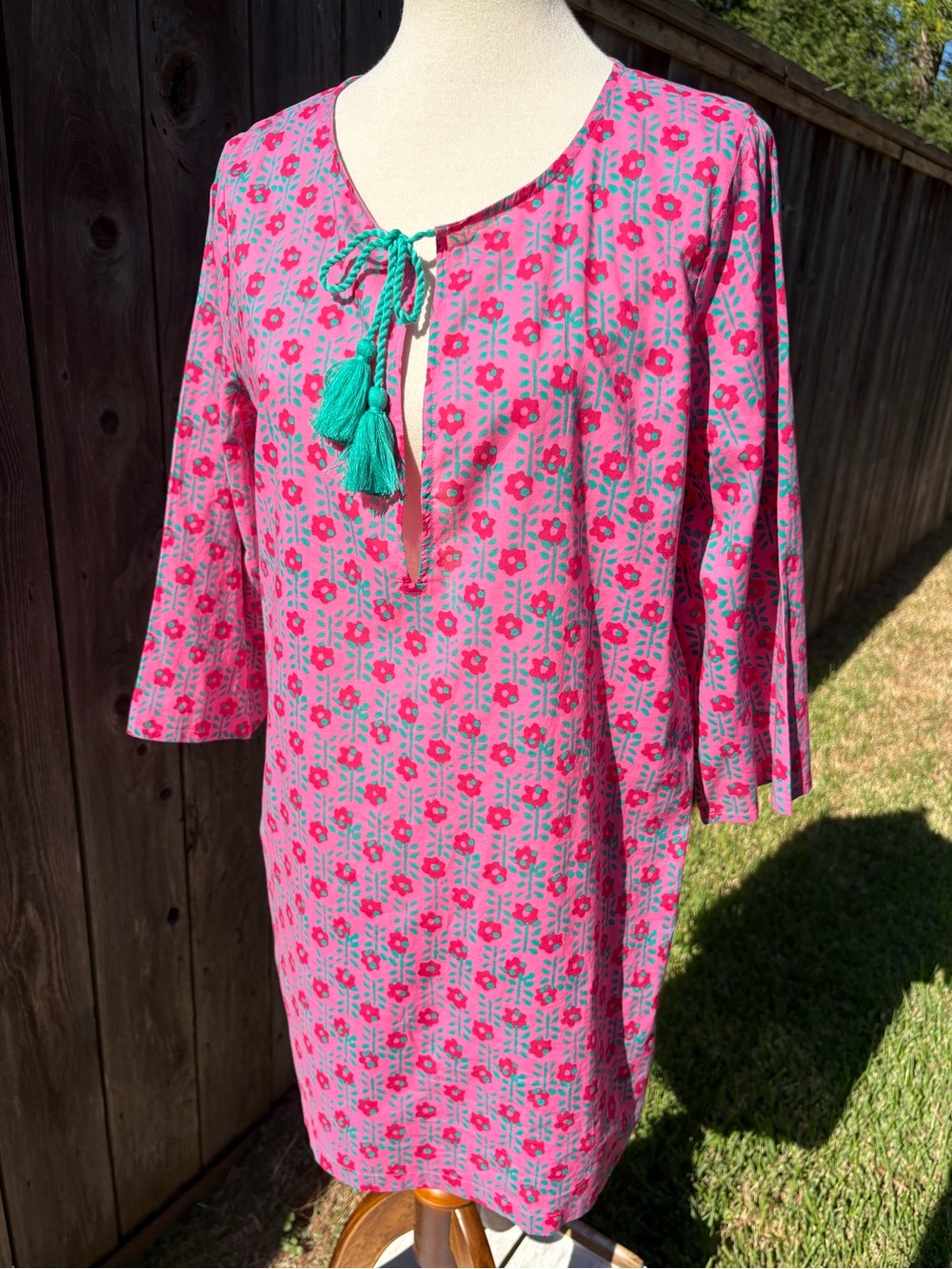 J. Crew Factory Pink Floral Tunic Coverup with Teal Tassel Tie